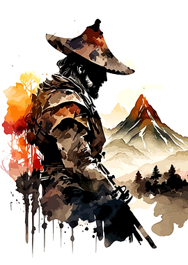 Watercolor Ronin Samurai Mountain Landscape