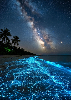 Bioluminescent Beach Under Milky Way