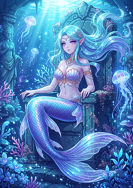 Beautiful Mermaid Queen on Underwater Throne