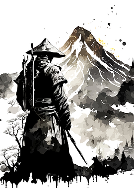 Samurai Warrior Before Mountain Peak