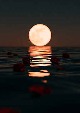 Red Roses Floating Under Full Moon