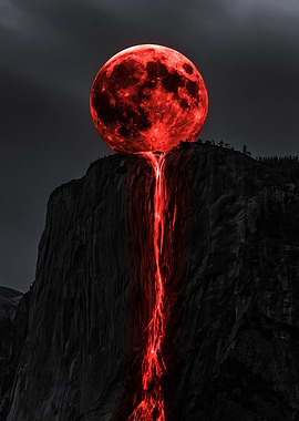 Surreal Red Moon Waterfall Cliff