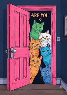 Colorful Cats Peeking Through Doorway