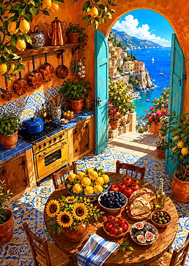 Mediterranean Kitchen with Coastal View