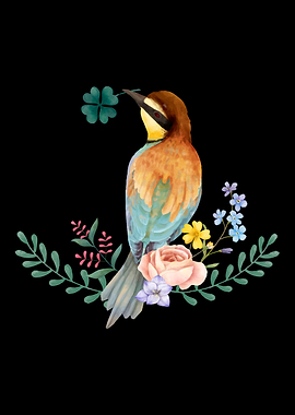 Watercolor Bee-eater Bird with Flowers