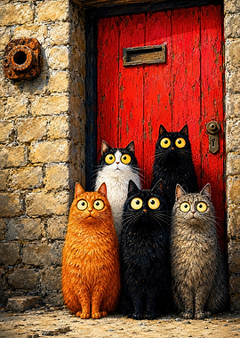 Five Cats Waiting at Red Door