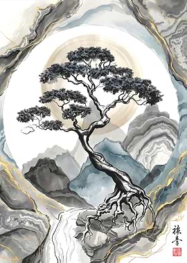 Ink Wash Bonsai Mountain Landscape