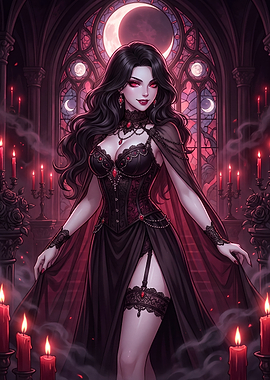 Gothic Vampire Queen in Candlelit Chamber