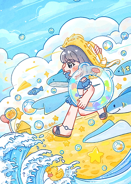 Anime Girl Running on Sunny Beach