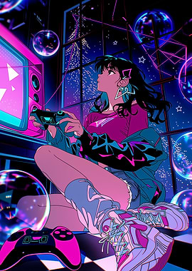 Cyberpunk Anime Girl Gaming at Night