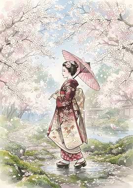 Geisha Walking Through Cherry Blossoms