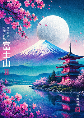 Mount Fuji and Pagoda at Night