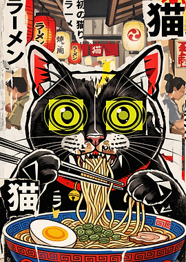 Black Cat Eating Ramen Poster
