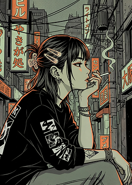 Anime Girl Smoking in Neon Alley
