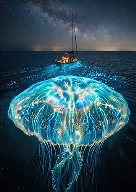 Bioluminescent Jellyfish and Sailboat at Night