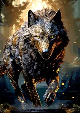 Mystical Golden Wolf in Forest
