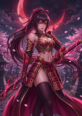 Red Samurai Warrior Under Blood Moon