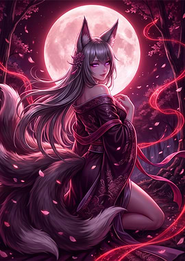 Kitsune Fox Spirit Under Full Moon
