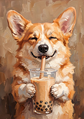 Corgi Enjoying Bubble Tea Painting