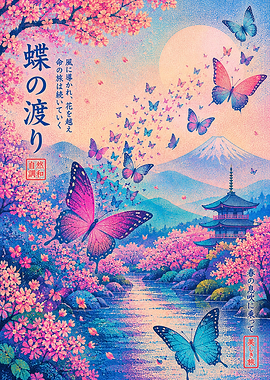 Japanese Spring Landscape with Butterflies