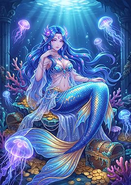 Beautiful Mermaid Queen in Underwater Treasure
