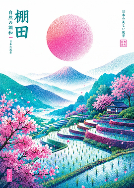 Japanese Terraced Rice Fields and Sakura