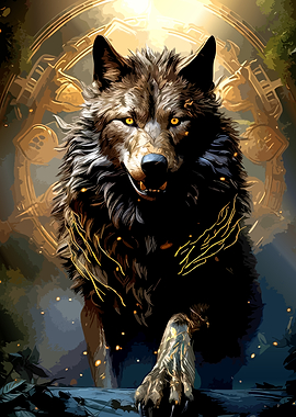 Majestic Golden Glowing Wolf Portrait