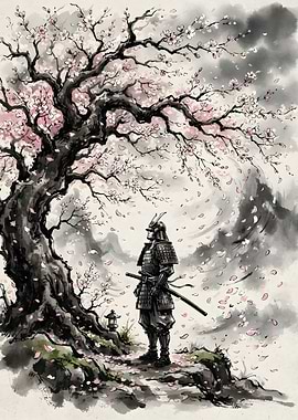 Samurai Standing Under Cherry Blossom Tree