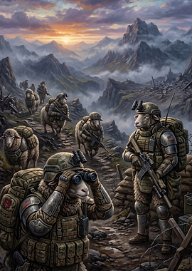 Sheep Soldiers in Mountainous Terrain