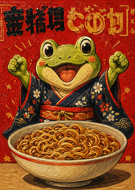 Happy Frog Eating Ramen Painting