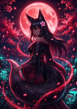 Fox Girl Under Red Moon