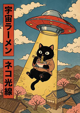 UFO Abducting Ramen Eating Cat