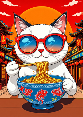 Cool Cat Eating Ramen Illustration