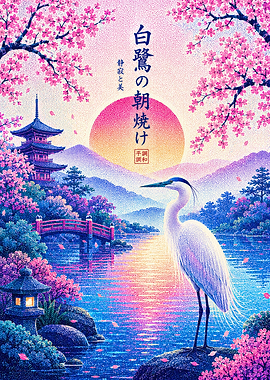 Japanese Heron Sunrise Landscape