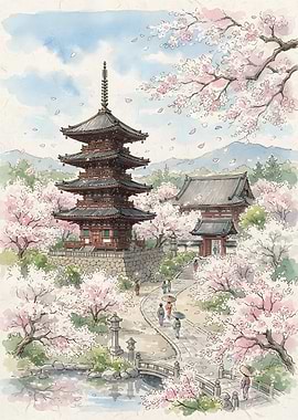 Traditional Japanese Temple in Cherry Blossoms