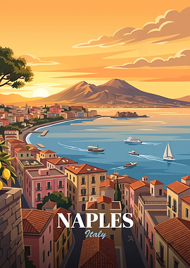 Naples Italy Sunset Travel Poster