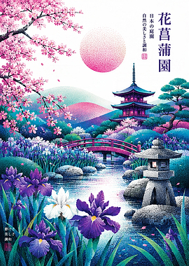 Japanese Iris Garden with Pagoda