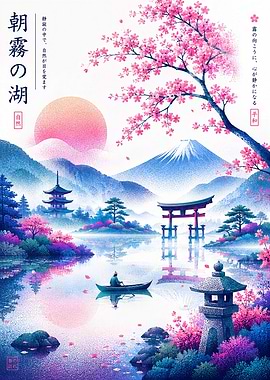 Serene Cherry Blossom Japanese Lake Landscape Poster