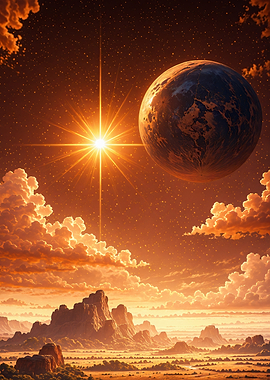 Fantasy Desert Golden Celestial Landscape with Planet