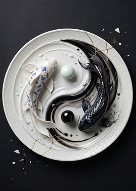 Yin Yang Koi Fish Porcelain Plate