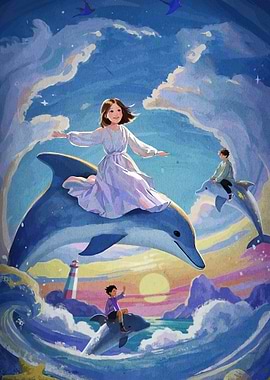 Dreamy Fantasy Illustration of Dolphin Riders