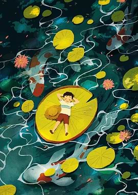 Boy Resting on Giant Lily Pad
