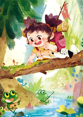 Girl and Dog Exploring Forest Stream