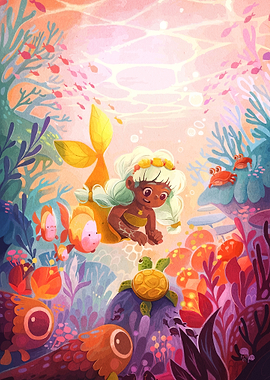 Cute Mermaid Exploring Coral Reef