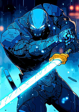 Cybernetic Samurai Warrior with Glowing Sword