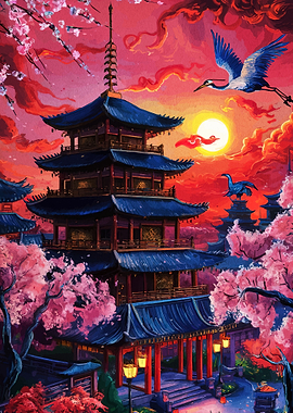 Traditional Japanese Pagoda at Sunset