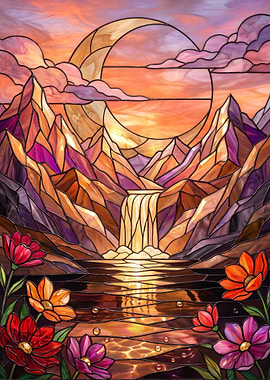 Stained Glass Mountain Waterfall Landscape