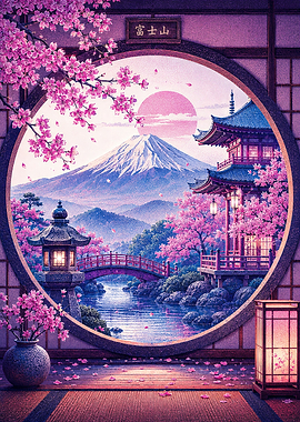 Mount Fuji Through Circular Window