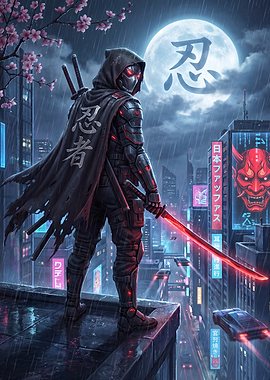 Cyberpunk Ninja Overlooking Neon City