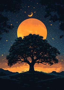 Silhouette Tree Under Golden Moon